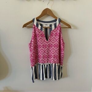 THML Fun Tank Top Pink Embroidered Front with Blue and White Stripes Sz L